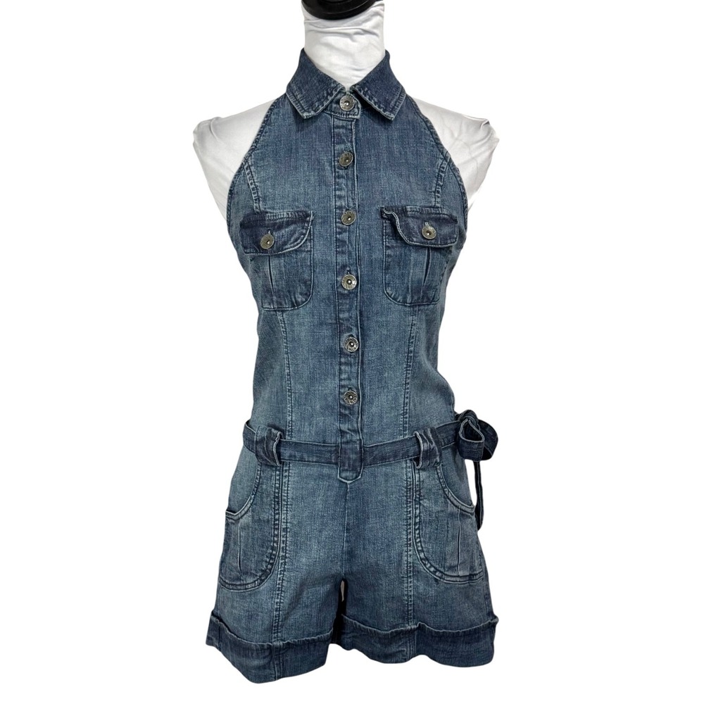 VTG Y2K‎ Hot Kiss Denim Romper Halter Jumpsuit Size S Belted Shorts 2000s Baddie